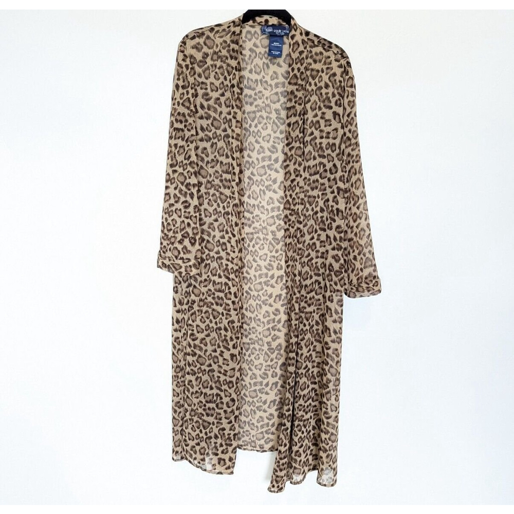 SUSAN GRAVER Kimono Womens Missy Size OS Brown Leopard Print Longline Sheer Open